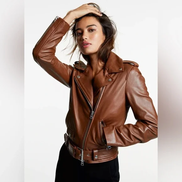 Aritzia Wilfred Free The iconic Lennon Brown new Moto Biker Leather Jacket Sz S - Picture 5 of 17